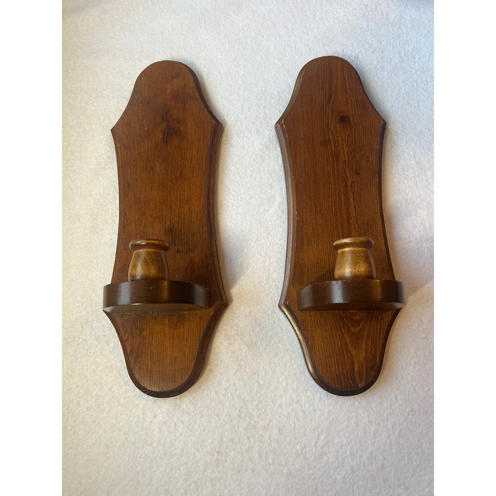 Wood Wall Sconce Pair Vintage Brown Colonial Candle Holder Set MCM Cottagecore